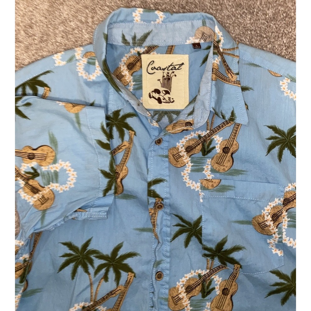 Coastal Beach Hawaiian Mens Large Shirt Ukulele Floral All‎ Over Print
